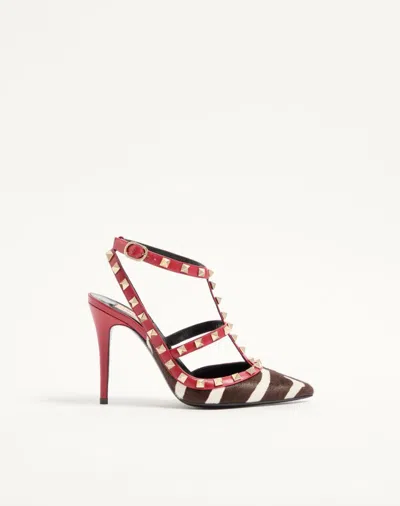 Valentino Garavani Rockstud Pumps In Pony-effect Calfskin 100mm Woman White/brown/red 40 In Multi