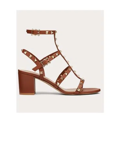 Valentino Garavani Rockstud Ankle-strap Mid Block Heel Sandals In Brown