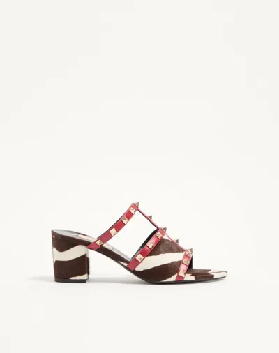Valentino Garavani Rockstud Slide Sandal In Pony-effect Calfskin 60mm Woman White/brown/red 41 In Multi