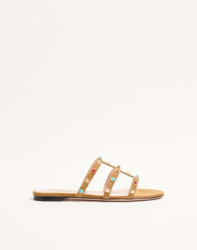 Valentino Garavani Rockstud Slide Sandal In Split Leather With Cabochon Stones Woman Havana Beige 40 In Brown