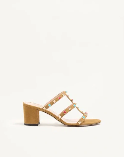 Valentino Garavani Rockstud Slide Sandal In Suede With Cabochon Stones 60mm Woman Havana Beige 41 In Brown