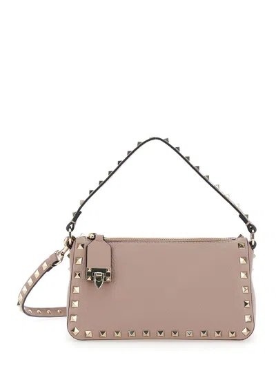 Valentino Garavani 'rockstud Small' Light Pink Shoulder Bag With Studs In Hammered Leather Woman In Multicolor
