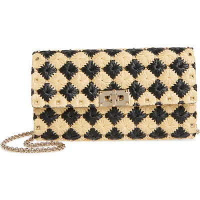 Valentino Garavani Rockstud Spike Check Raffia Shoulder Bag In Natural/black