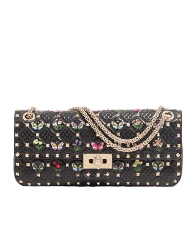 Valentino Garavani Rockstud Spike Medium Shoulder Bag In Embroidered Nappa Leather In Black