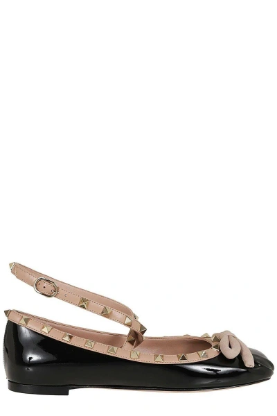 Valentino Garavani Pointed-toe Patent Ballet Flats With Bow And Stud Embellishments In Black