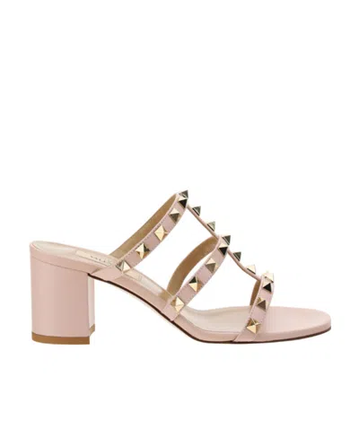 Valentino Garavani Leather Rockstud Mules Block Heel Open Toe In Pink