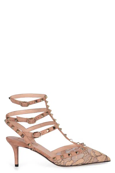 Valentino Garavani Rockstud Suede And Lace Décolleté In Pink