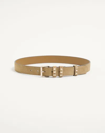 Valentino Garavani Rockstud Suede Belt 30 Mm Woman Havana Beige 100 In Brown
