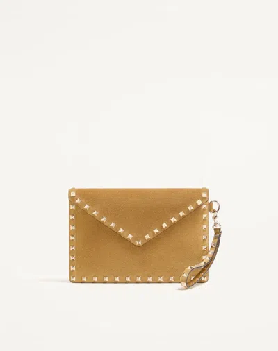Valentino Garavani Rockstud Suede Clutch Bag Woman Havana Beige Uni In Brown