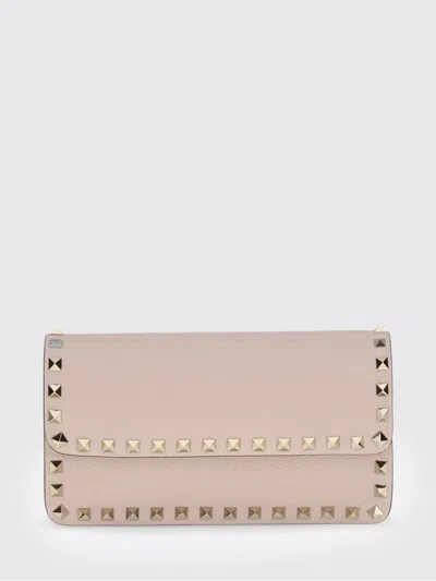 Valentino Garavani Rockstud Wallet On Chain In Grained Calfskin With Studs In Pink