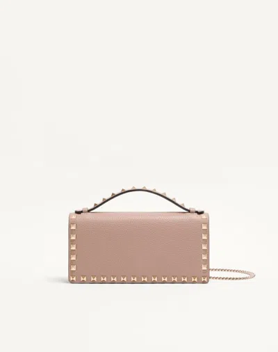 Valentino Garavani Rockstud Wallet With Chain In Grainy Calfskin Woman Poudre Uni In Pink