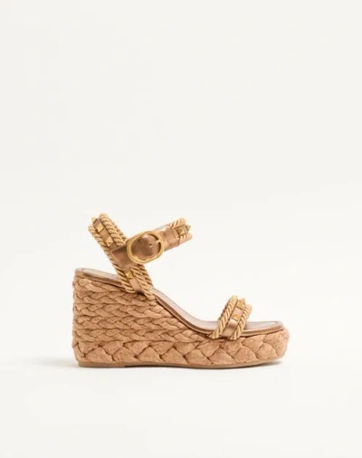 Valentino Garavani Rockstud Wedge Sandal In Laminated Calfskin 100mm Woman Gold 39 In Brown