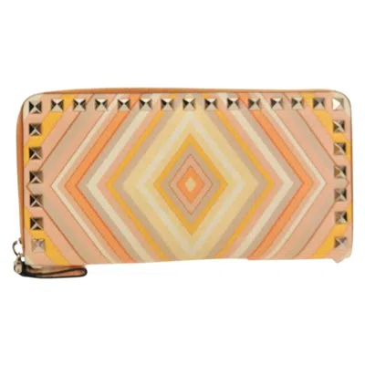 Pre-owned Valentino Garavani Rockstud Zip Around Wallet Striped Leather Orange Leather Wallets Accessory (pre-