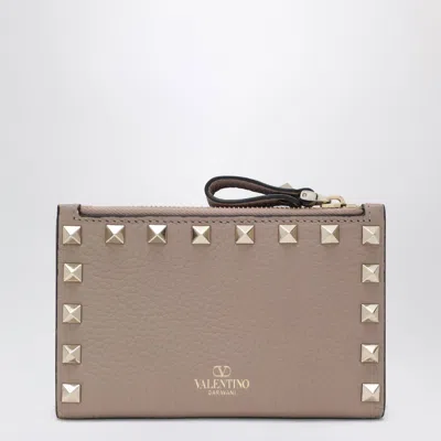 Valentino Garavani Powder Pink Leather Rockstud Zip Card Holder In Purple