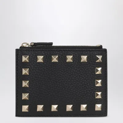 Valentino Garavani Rockstud Zipped Card Holder In Black Leather
