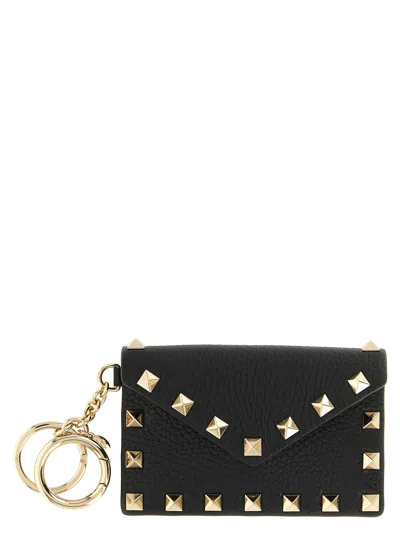 Valentino Garavani Rockstud-studded Calfskin Card Case In Black