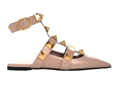 Pre-owned Valentino Garavani Garavani Roman Stud Calfskin Low Ballet Flat (women's) Sneakers In Beige