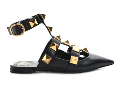 Pre-owned Valentino Garavani Garavani Roman Stud Calfskin Low Ballet Flat (women's) Sneakers In Black