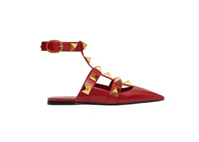 Pre-owned Valentino Garavani Garavani Roman Stud Calfskin Low Ballet Flat (women's) Sneakers In Red