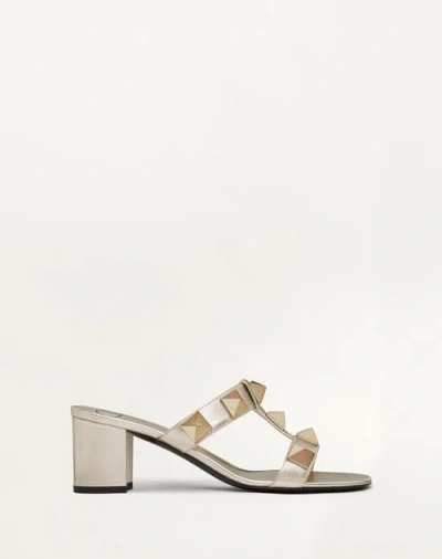 Valentino Garavani Roman Stud Metallic Nappa Slide Sandal With Matching Studs 60mm Woman Platinum 42