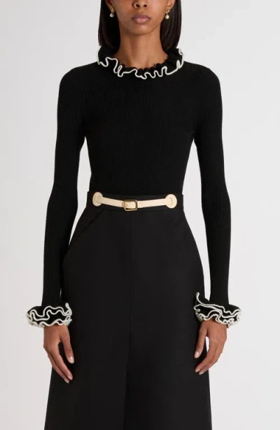 Valentino Garavani Ruffle Trim Rib Virgin Wool Sweater