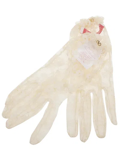 Valentino Garavani Ruffled Lace Gloves In Yba Burro Oro