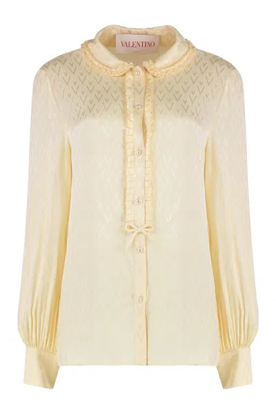 Valentino Garavani Ruffled Lace-trimmed Polka-dot Silk-chiffon Shirt In Neutral