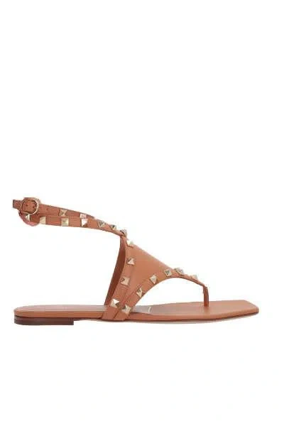 Valentino Garavani Rockstud Leather Flats In Almond Beige