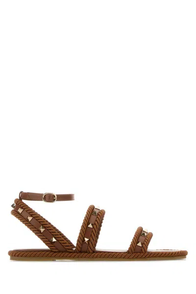 Valentino Garavani Caramel Fabric Rockstud Sandals In Brown