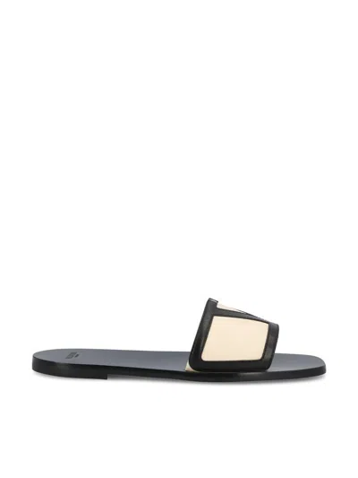 Valentino Garavani Butter White And Black Synthetic Slides With Wide Strap In Multi