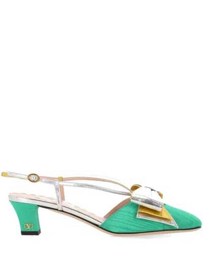 Valentino Garavani Bowow 45 Moiré And Leather Slingback Pumps In Teal Blue/silver/old Gold