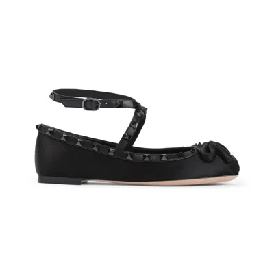 Valentino Garavani Satin And Leather Ballerinas With Ankle Strap In Black