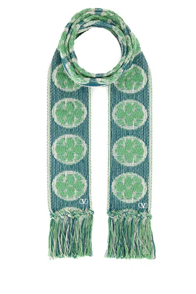 Valentino 'antibes' Scarf With Fringe Detailing And Geometric Pattern In Gold/blue/water Green Lurex