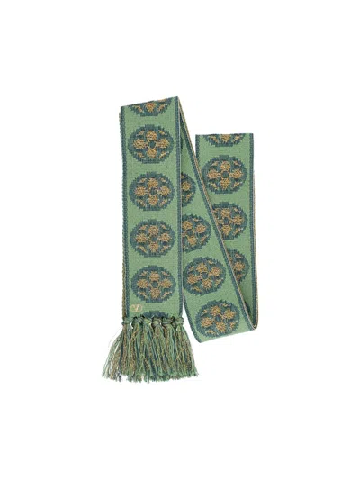 Valentino 'antibes' Scarf With Fringe Detailing And Geometric Pattern In Gold/blue/water Green Lurex