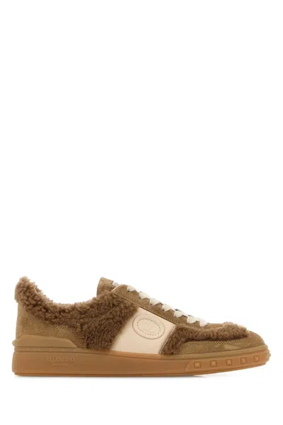 Valentino Garavani Shearling-trimmed Leather Sneaker In Beige