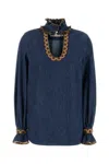 Valentino Womens Embroidered Frilled Cotton-denim Shirt Medium Blue Denim