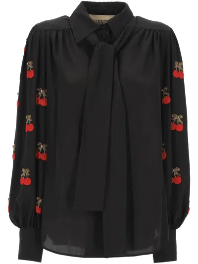 Valentino Cherry-embellished Bow Blouse In Black