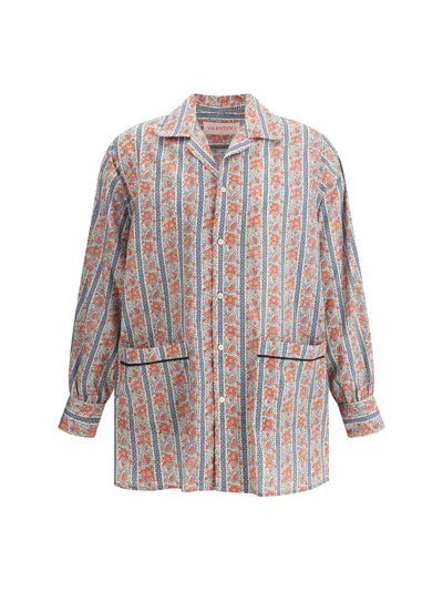 Valentino Camp-collar Printed Striped Cotton-muslin Shirt In Brown