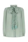Valentino Crepe Shirt With High Neck And Ruffled Neckline In Blue