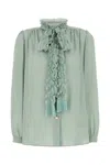 Valentino Crepe Shirt With High Neck And Ruffled Neckline In Blue