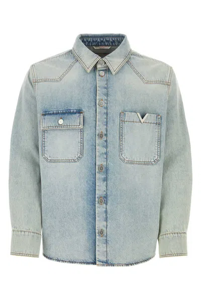 Valentino Cotton Denim Long Sleeve Shirt In Navy