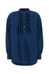 Valentino V-neck Ruffled Long Sleeves Top In Blue
