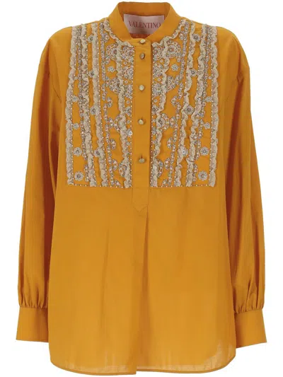 Valentino Ochre Yellow Shirt With Beads And Lace