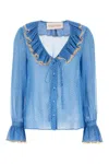 Valentino Garavani Light Georgette Shirt With Plusdepois Print In Cerulia Birch