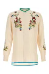 Valentino Linen Shirt With Embroidered Design And Mandarin Collar In Ivoryfiorimulticolor