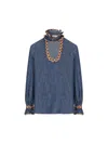 Valentino Womens Embroidered Frilled Cotton-denim Shirt Medium Blue Denim In Medium Blue Denim