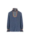 Valentino Womens Embroidered Frilled Cotton-denim Shirt Medium Blue Denim In Medium Blue Denim