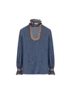 Valentino Womens Embroidered Frilled Cotton-denim Shirt Medium Blue Denim In Medium Blue Denim