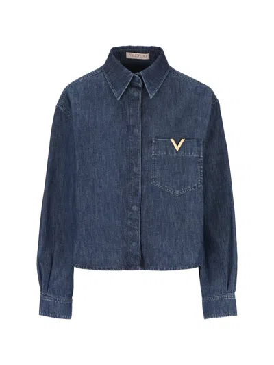 Valentino Embellished Denim Shirt In Medium Blue Denim