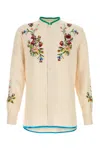 Valentino Linen Shirt With Embroidered Design And Mandarin Collar In White